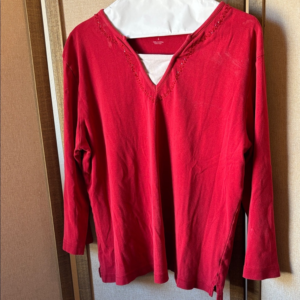 Van Heusen Red Long Sleeve V-Neck Top large